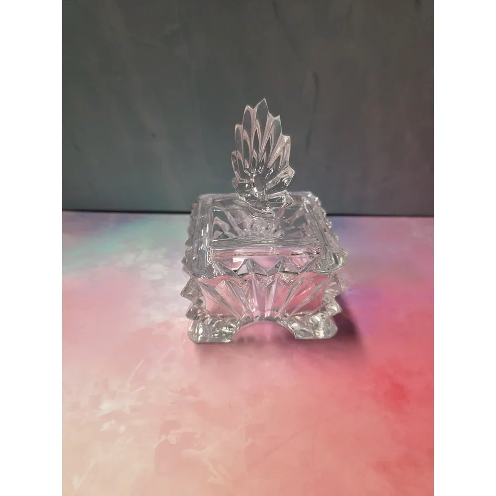 Vintage clear cut glass trinket box with a lid, Chip On Finial See Pics